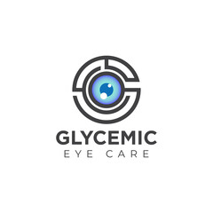 glycemic eye care logo, creative initial G, E, and C with eyeball in middle