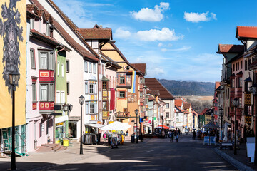 Fototapeta na wymiar Cityscape with beautiful facades in down town of Rottweil on a sunny day in spring, Black forest, Germany