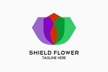 Floral shield logo design with a creative and simple stacked concept. Modern vector illustration