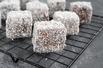 Traditional Australian Lamington cake in chocolate glaze and coconut flakes on a gray concrete background. Selective focus.