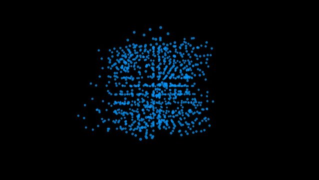 Animated blue cube consisting of many particles rotates endlessly on a black background.