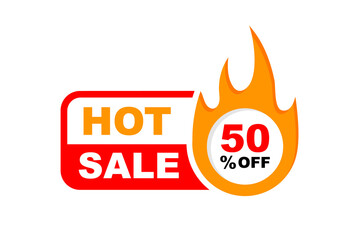 Hot Sale banner. 50% off. Special and limited offer. Sale countdown badge. Promo sticker with stopwatch and fire. Vector illustration.