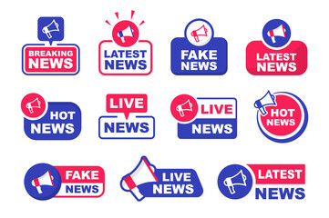 Set of labels latest news with megaphone. Breaking, live, hot and fake news. Announce loudspeaker icon. Vector illustration.