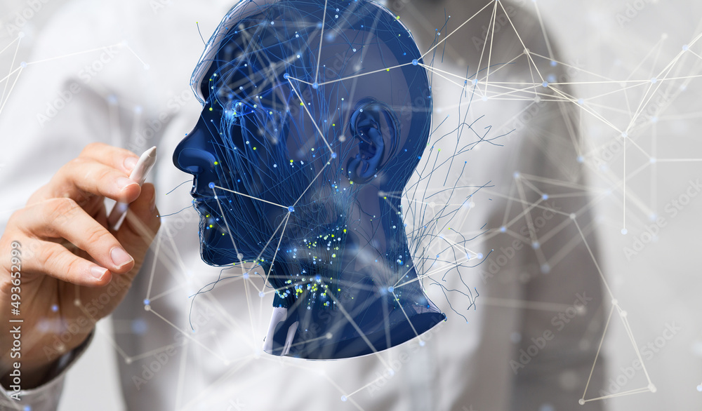 Poster Global network. Blockchain. 3D illustration. Neural networks and artificial intelligence. Abstract