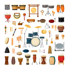 Collection of percussion and noise musical instruments. - obrazy, fototapety, plakaty