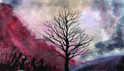 Vector image of a digital panting of a tree against a stormy sky, mountains and forest.