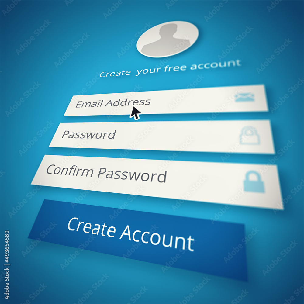 Poster computer generated image of the sign-up page of a website to create an account - all design on this 