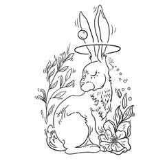 Vector hare illustration. Beautiful line art with rabbit and flowers. Vector rabbit isolated on white, hand drawn sketch. 