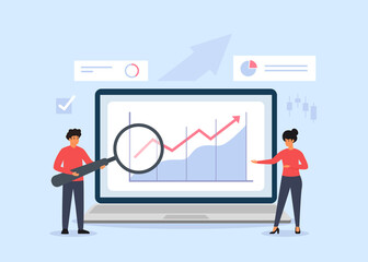 Characters analyze graph and chart with big magnifying glass. Data analysis for investment. Vector illustration of business growth and effective startup strategy.