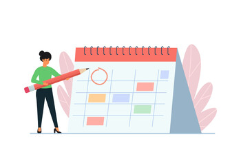Planning concept. Woman standing with huge calendar and holds big marker. Time management. Vector illustration.