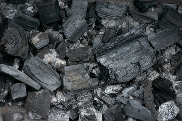 Black charcoal as natural background with copy space. Different shaped wooden burnt pieces as fuel for warming and cooking