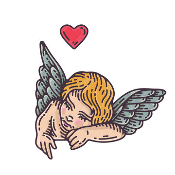 old school tattoo illustration vector set. hand drawn valentine heart illustrations, angel, pierced heart, mom heart tattoo, dad heart tattoo, amor, love traditional tattoo style
