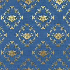 Vintage tapestry texture backdrop. Blue paper with gold baroque pattern