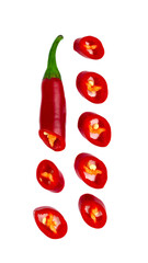 Red chopped chili peppers on white background. Top view.