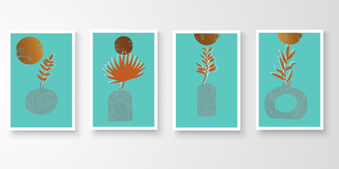 Set of minimal natural wall art in white frames. Foliage line art drawing with abstract shape composition earth tone. Moon plants pot art vector illustration.