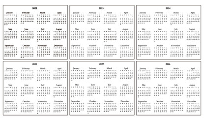 calendar for 2022, 
calendar for 2023,
calendar for 2024,
calendar for 2025,
calendar for 2026,