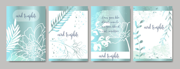Plant cards, modern card with grasses and flowers and other floral elements. With metallic shine and textured effects. Minimal design. Elegant template. All elements are isolated and editable.