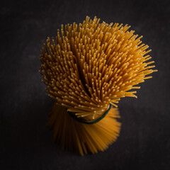 Raw spaghetti pasta, detail, black background.