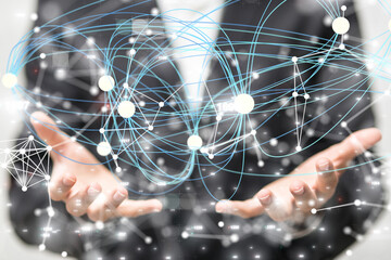 holding 3D rendering group of blue people