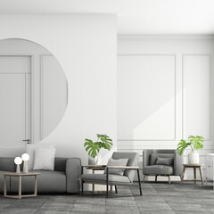 Stylish living room interior of modern apartment and trendy furniture, gray sofa on parquet wooden floor and elegant accessories. Home decor. Template, 3D render, 3D illustration