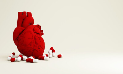 red human heart and blood vessels in abstract pattern surrounded by pills, capsules, red and white, isolated on a white background in the concept of health care and heart disease 3d rendering