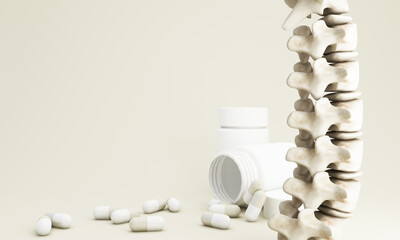 close-up view human spine and bone joints Surrounded by pillboxes and white capsules in the background. in the concept of health and bone health office syndrome and healing isolated on white 3d render