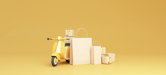 E-commerce concept, Delivery service to home, with motorbike scooter and product packages, gift boxes, shopping bag isolated on yellow background 3d rendering © Jokiewalker