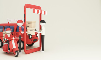Online delivery service concept, online order tracking, delivery home. Warehouse, van, truck, drone, scooter courier, delivery man in respiratory mask delivery to customers in red tone. 3d rendering