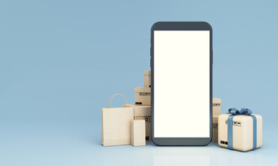 Concept online Sopping. boxes, parcel, cardboard box and shopping bag with Smartphone Online Shopping screen isolated on blue background 3d rendering illustration