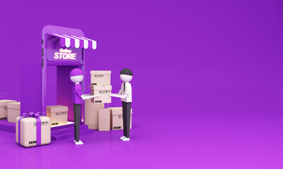 Online delivery service concept, online order tracking, delivery home. via mobile phone front store shop, delivery men delivery parcel cardboard box to customers in purple tone. 3d rendering