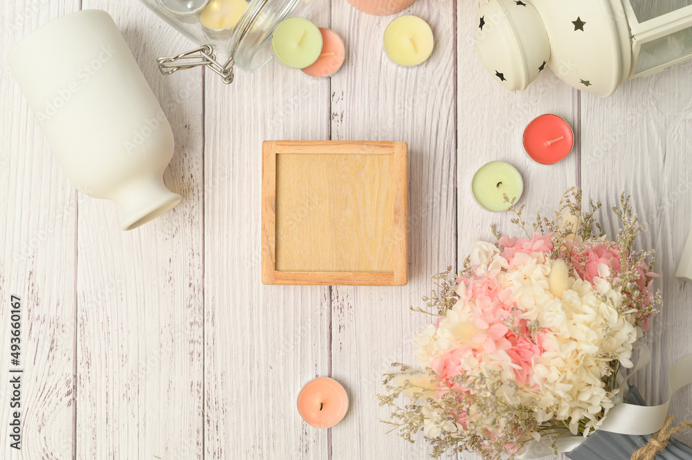 Sticker flowers with gift box on white background with copy space