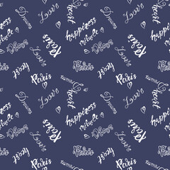 Seamless pattern with words on the theme of paris and travel.