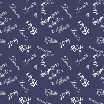 Seamless pattern with words on the theme of paris and travel.