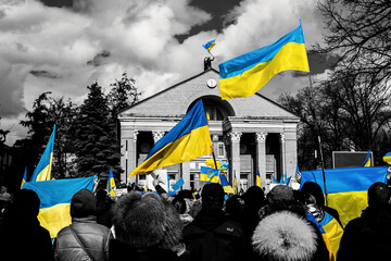 
Ukraine. meeting Kherson is Ukraine. people took to the streets of the city of kakhovka with the flags of ukraine kakhovka ukrainian flags