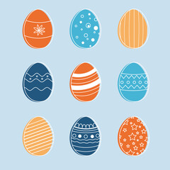 set of easter eggs.easter collection in blue,orange yellow and white