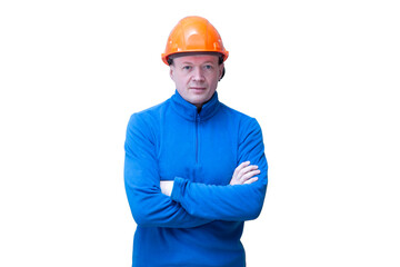 Portrait of a worker in an orange helmet.An employee of physical labor.