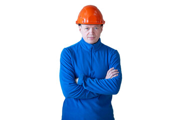 Portrait of a worker in an orange helmet.An employee of physical labor.