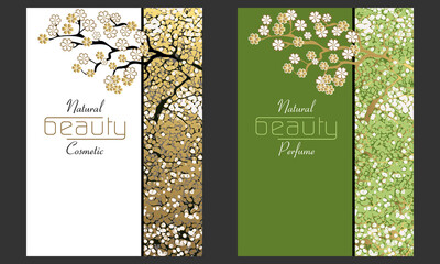 2 versions (or ou vert - d’un flyer ou d’une couverture de brochure pour de la beauté au naturel avec un logo et une représentation artistique d’un arbre en fleur.