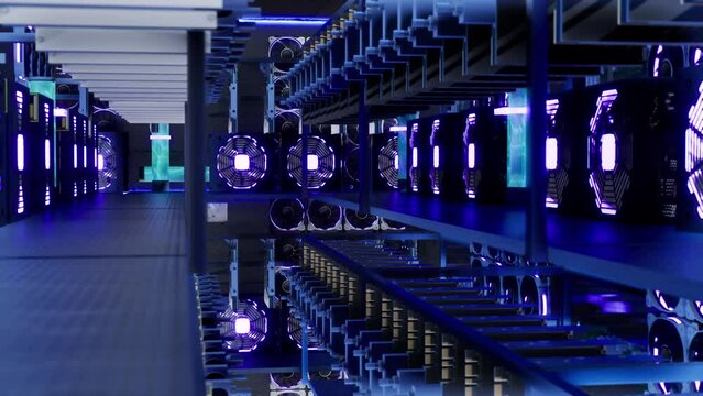 3D animation of mining equipment on stand racks mine cryptocurrency in steel container. Blockchain technology application specific integrated circuit datacenter. Server room lights.