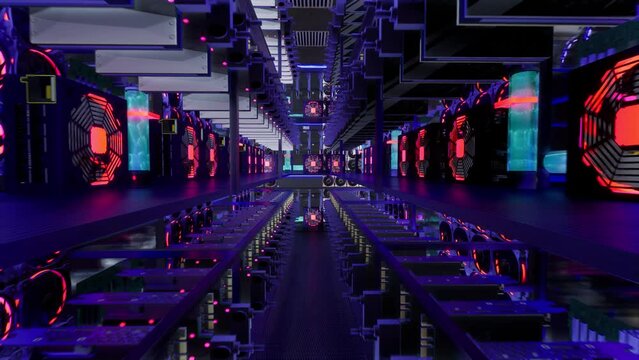3D animation of mining equipment on stand racks mine cryptocurrency in steel container. Blockchain technology application specific integrated circuit datacenter. Server room lights.