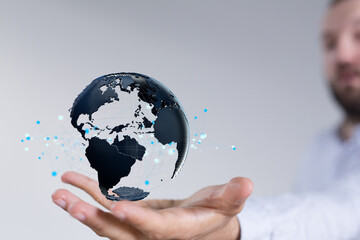 Digital hologram of the Earth with satellites on orbit. Digital globe with statistics data global