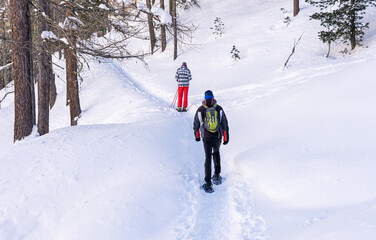 Two men snowshoeing in powder snow on a trail in forest. Outdoor winter activity and healthy...