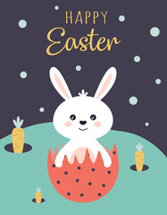 happy easter card of cartoon bunny in egg