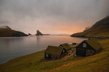 The view of the Drangarnir from the scenic road between Bour and Gasadalur. Dramatic landscape, november 2021