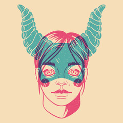 Stylized portrait of a beautiful girl  in animal mask drawn by lines. Vector illustration. Riso print effect