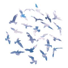 Watercolour silhouette of flying birds seagulls on white background. Inspirational body flash tattoo ink of sea birds. Vector.