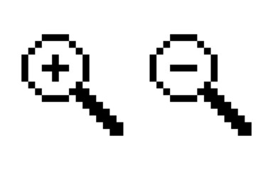 Pixel icon set of magnifying glass. Mouse cursor symbol. Vector illustration isolated on white background. Search interface symbol. Zoom in, zoom out.