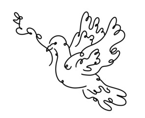 Cute dove of peace with a branch in his beak separated line art on the white background