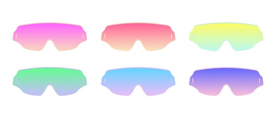 Neon cyber glasses with gradient set. Cyberpunk purple sunglasses with trendy gold frame synthwave digital style elegant trendy vector optics.