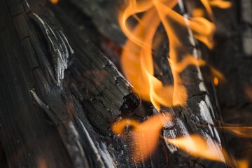 Flames of fire. Burning wooden beams. Closeup.